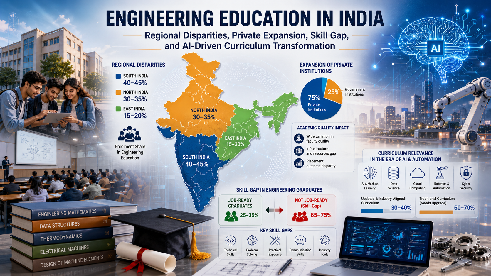 Engineering Education in India: Regional Disparities, Private Expansion, Skill Gap, and AI-Driven Curriculum Transformation